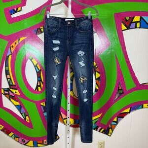 KanCan Blue Skinny Distressed Jeans, Leopard Print Details. Size 7/27.